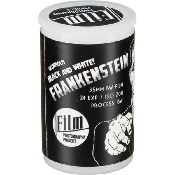 A roll of 35mm black and white film labeled 'Frankenstein 35mm BW Film' with 24 exposures, processed by Kodak.