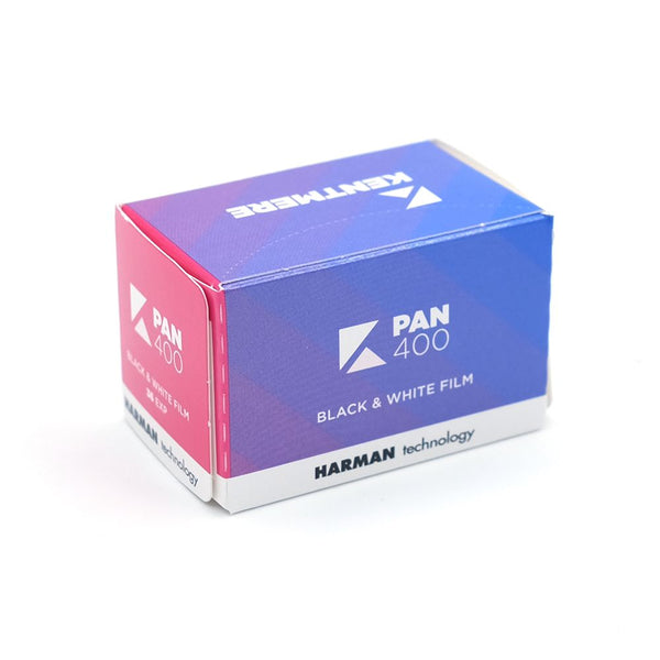 A box of Kentmere 400 Black and White 35mm Film with the brand name and film details printed on the packaging.