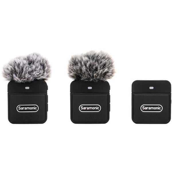 Three black Saramonic Blink 100 B2 wireless lavalier microphone kits, each with a clip-on transmitter and a receiver.