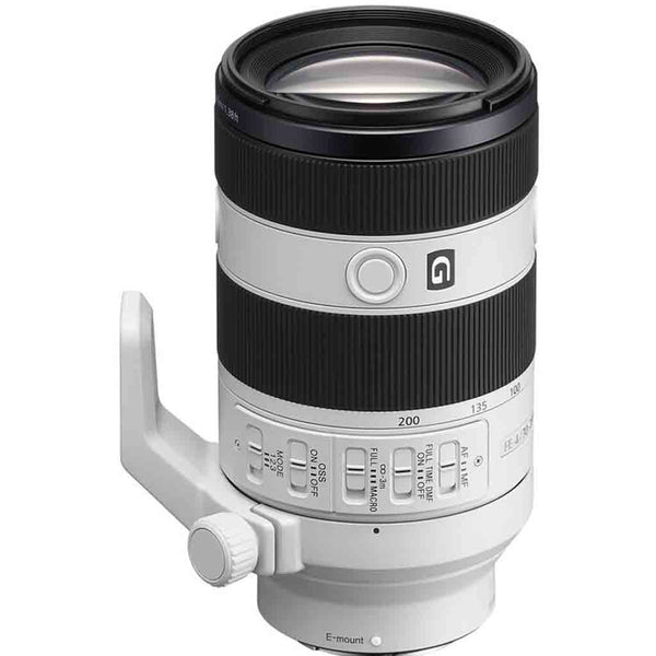 Sony FE 70-200mm F4 Macro G OSS II telephoto zoom lens with focus and zoom rings, predominantly black with white and silver accents.