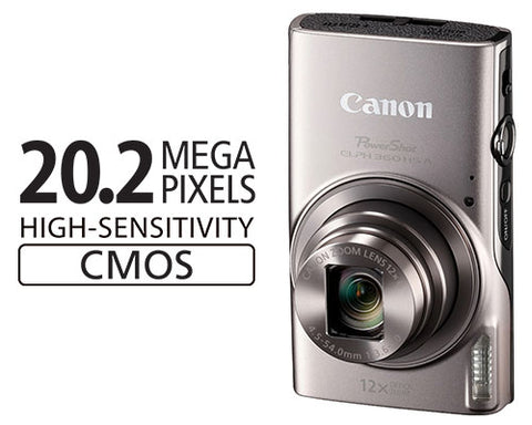 The PowerShot ELPH 360 HS camera has a 20.2 Megapixel* High-Sensitivity CMOS sensor that’s perfect for PowerShot cameras. Its clever light-capturing design makes it super sensitive, great for high ISO shots, and reduces noise. Plus, it takes photos fast, processing the image data quickly letting you shoot and focus continuously.