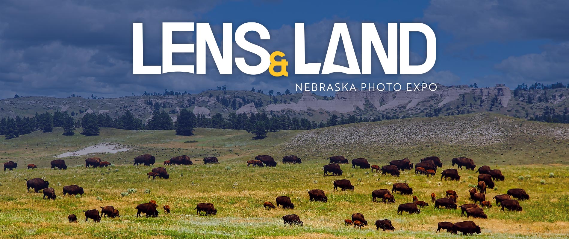 Scenic landscape with buffalo and Lens & Land Nebraska Photo Expo text