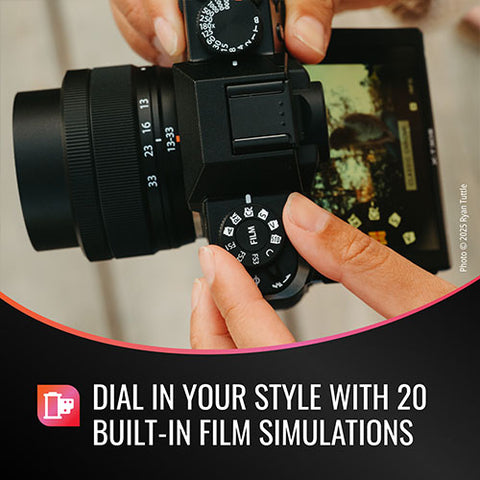 Camera lens with control dials and text about film simulations