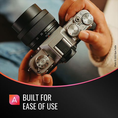 Hand holding a camera with 'Built for Ease of Use' text overlay