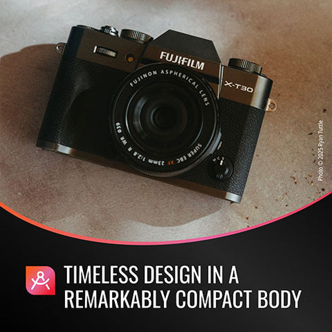 Fujifilm camera on a textured surface with promotional text about its design.