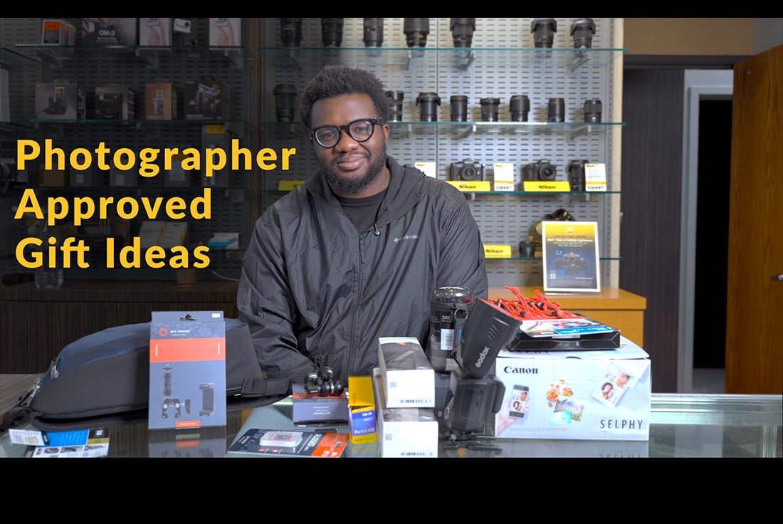 Kevin with gear and text that says Photographer Approved Gift Ideas