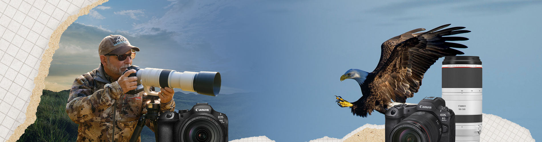 Man with camera and binoculars on a mountain, next to an eagle with a camera and binoculars.