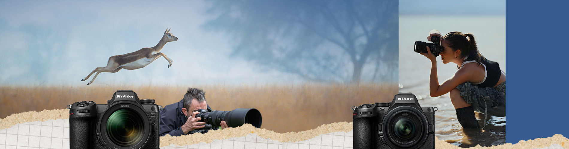 Two photographers with cameras in a desert setting, one taking a photo of an animal.