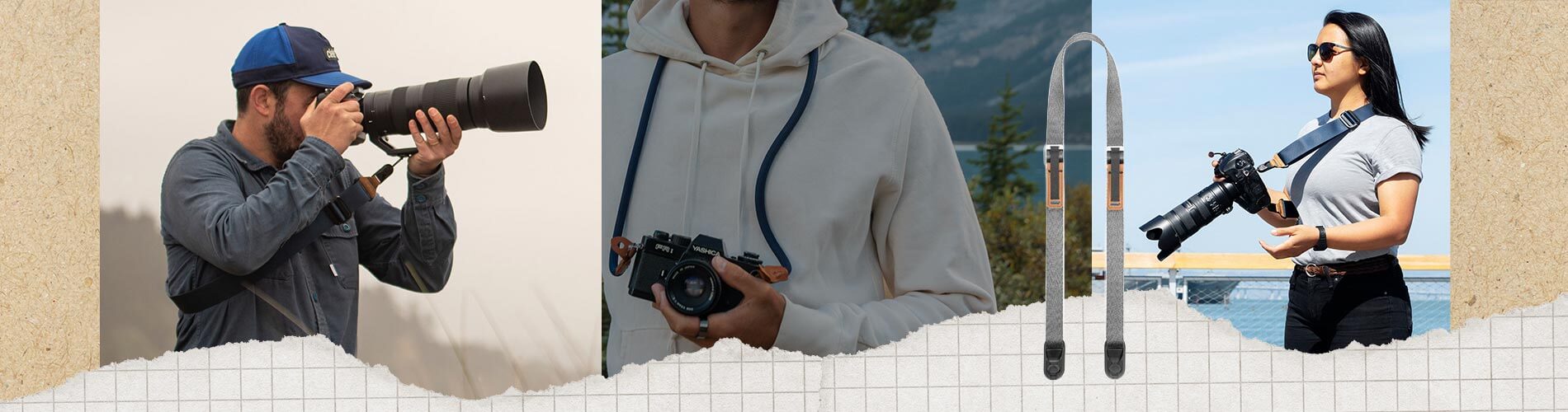 Three people using different types of cameras with scenic backgrounds