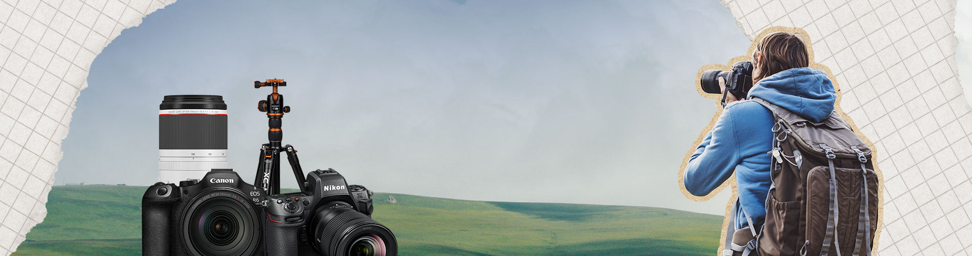 Camera equipment with a person holding binoculars against a scenic background