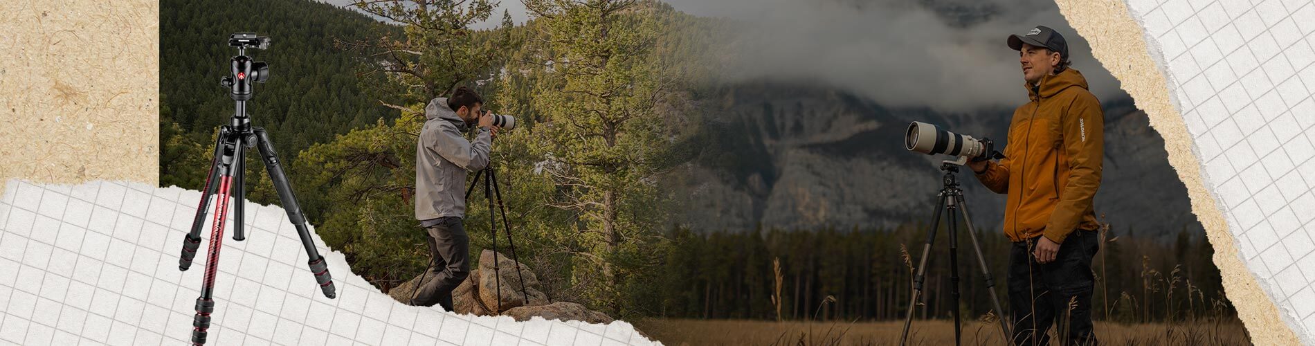 Two photographers with cameras and tripods in a forest setting.