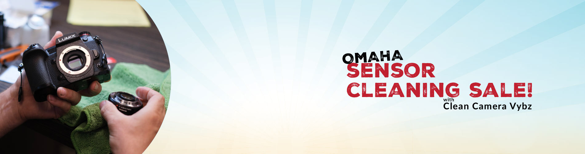 Camera sensor cleaning with 'Omaha Sensor Cleaning Sale' text overlay