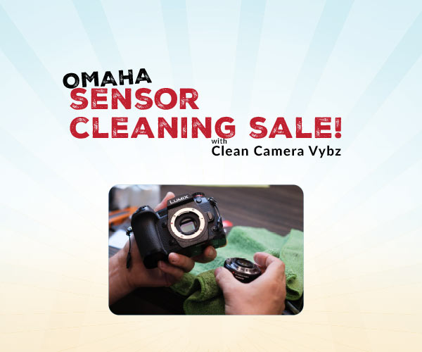 Advertisement for Omaha Sensor Cleaning Sale with a camera and cleaning tool on a light background.
