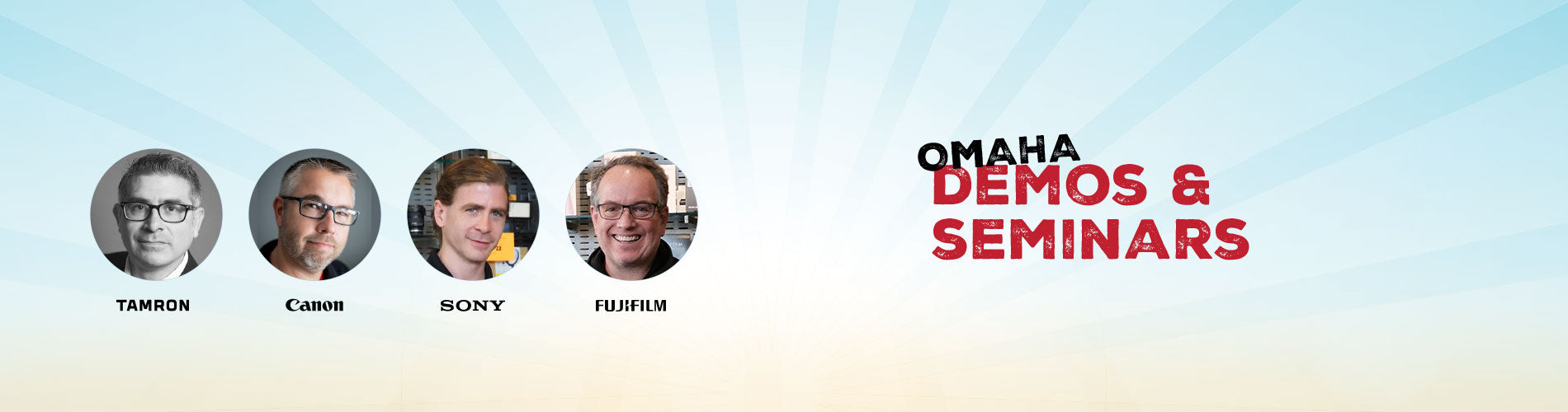 Promotional banner for Omaha Demos & Seminars with four speakers' portraits and event name.