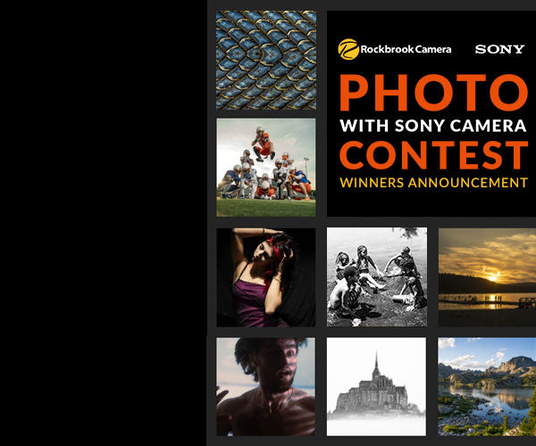 Promotional graphic for the Rockbrook Camera and Sony Photo with Sony Camera Contest winners, featuring a grid of sample photographs on a dark background with large orange and white text.