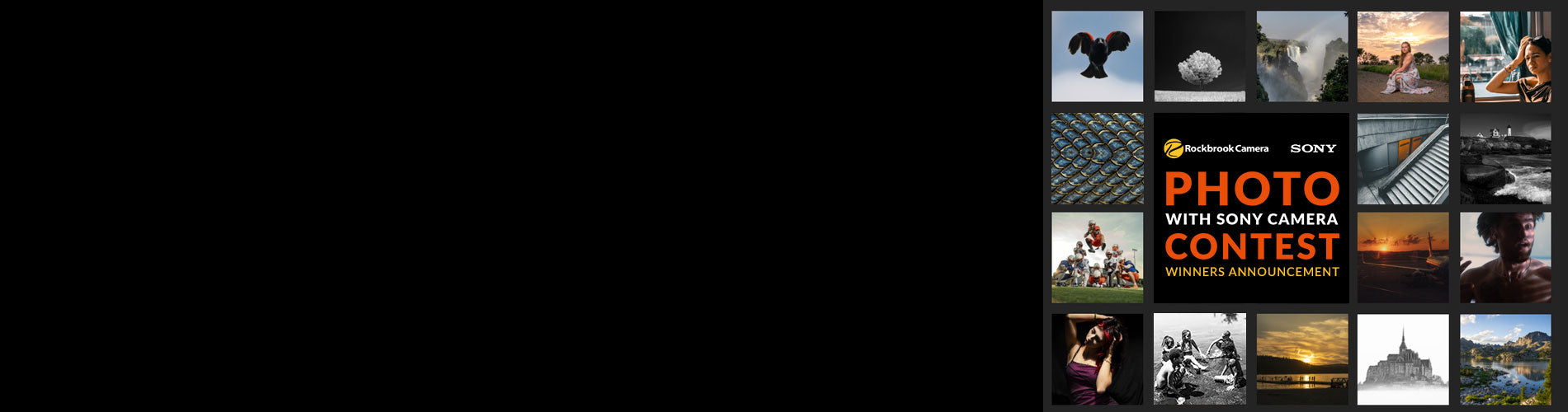 A very wide banner with a large black area on the left and a narrow strip of collage thumbnails on the right. The right side contains the text 'PHOTO WITH SONY CAMERA CONTEST' and small images demonstrating different photo effects or subjects.