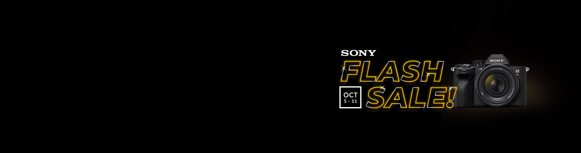 Sony Flash Sale promotional banner on a black background, featuring yellow and white text and a black Sony camera with a flash attachment.