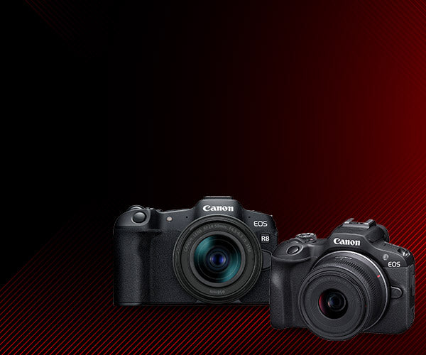 Two Canon EOS cameras on a dark red gradient background
