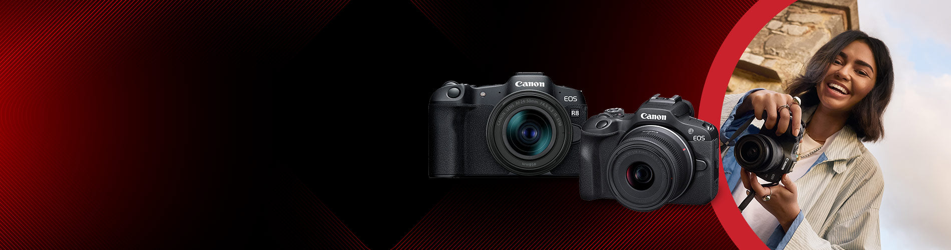Two cameras on a red background with a person holding one of them.