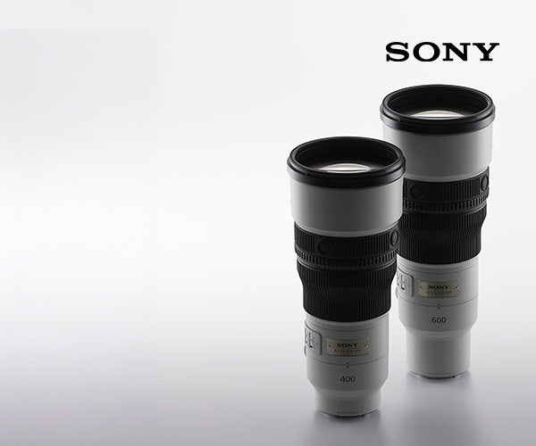 Two Sony telephoto camera lenses, one marked 400mm and the other 600mm, displayed on a clean white background with the SONY brand logo in the top right corner.