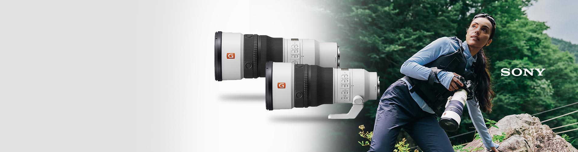 Sony telephoto lens cameras shown alongside a woman outdoors holding a camera, with the Sony logo visible on the right side.