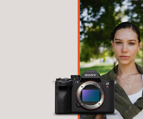 Sony a7rV camera with a split screen showing a woman in a park
