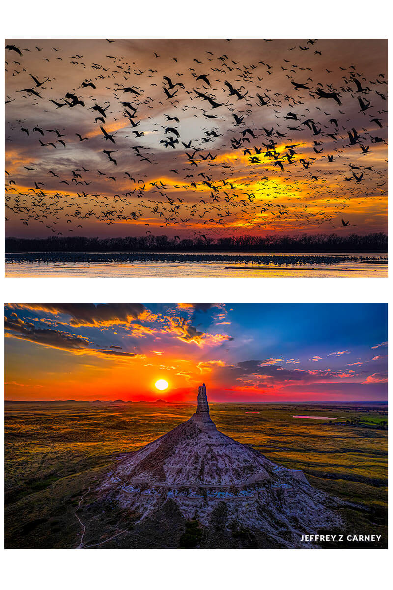 Top: sandhill cranes along the Platte River Bottom: Chimney Rock in Nebraska. Images by Jeffrey Carney