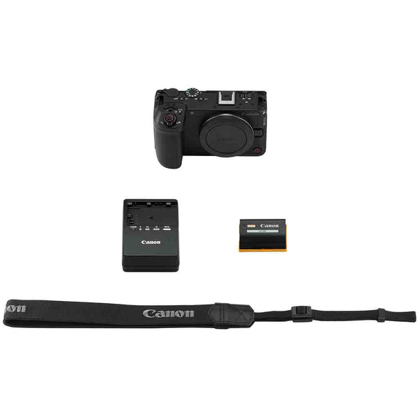 Canon R6 V camera with battery and charger on a white background
