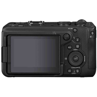 Back view of a R6 V camera with control buttons on a white background