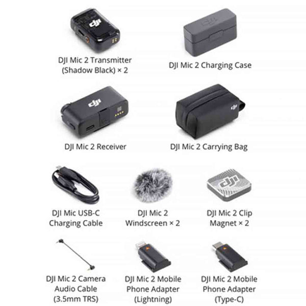 Box Contents of the DJI MIC 2 2 Tranmitters & 1 Receiver Microphone Kit