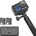 Batteries, Charge Case, and Selfie Stick of the DJI Osmo Action 5 Pro Camera Advenure Combo