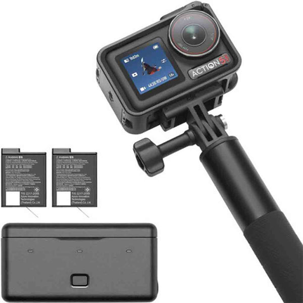 Batteries, Charge Case, and Selfie Stick of the DJI Osmo Action 5 Pro Camera Advenure Combo