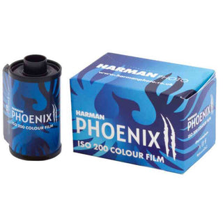 Harmann Phoenix ISO 200 color film canister and packaging on a white background