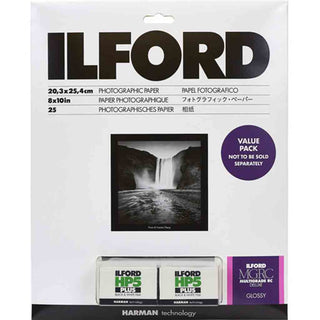 Packaging of the Ilford Multigrade RC Deluxe Paper and HP5 Plus Value Pack Glossy 8x10 25 Sheets 36 Exposure