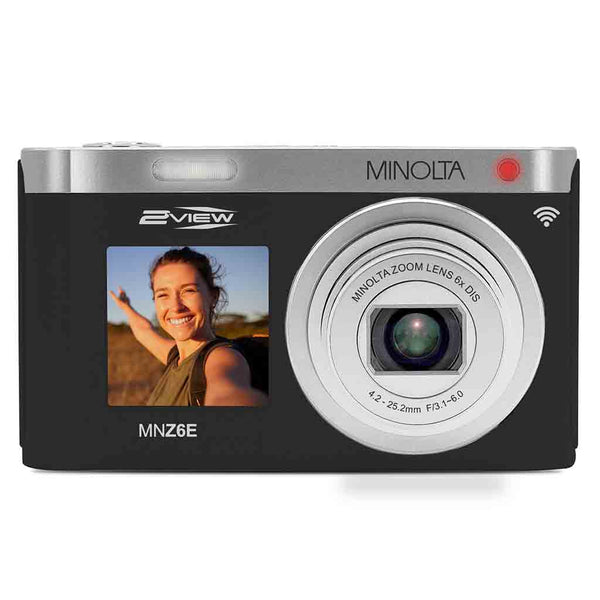 Front Side of the Minolta MNZ6E 2VIEW 64 MP / 4K Dual LCD Camera w/6x Optical Zoom Black