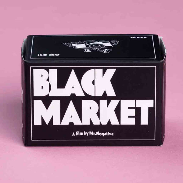 Packaging of the Mr. Negative Black Market 250 35mm Roll 36 Exposures