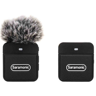 Transmitter and Receiver of the Saramonic Blink 100 B1 Wireless Lavalier Microphone Kit