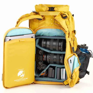 Full Camera Compartment Access of the Shimoda X25 V2 Starter Kit Backpack Yellow