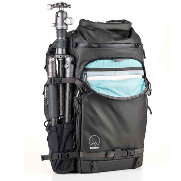 Tripod Carry Demonstration and Front Side Laptop Sleeve of the Shimoda Action X30 V2 Starter Kit Backpack Black