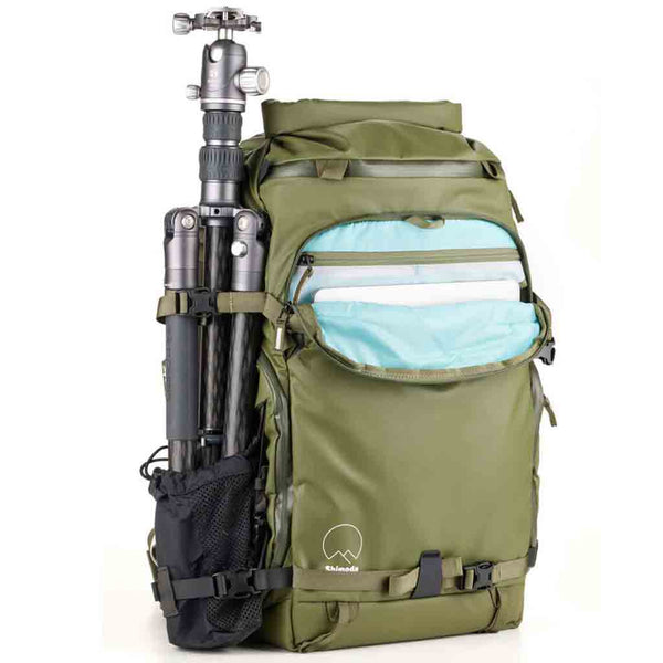 Tripod Carry Demonstration and Front Side Laptop Sleeve of the Shimoda Action X30 V2 Starter Kit Backpack Green