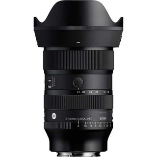 Sigma 17-40mm f/1.8 DC Art Lens Sony E with hood attached.