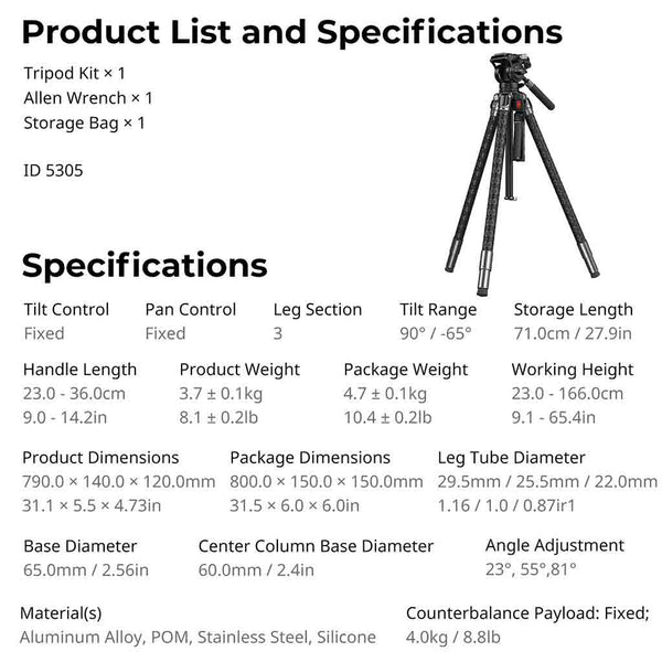 Specifications of the Smallrig x Potato Jet Tribex SE Hydraulic Tripod
