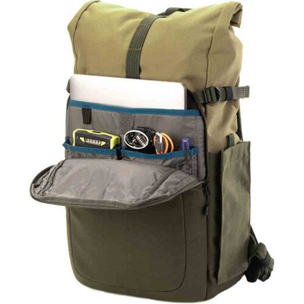 Front Pocket Demonstration of the Tenba Fulton V2 14L Tan and Olive Backpack