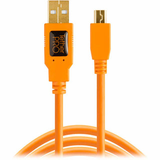 Connector Ends of the Tether Tools TetherPro USB-A 2.0 to Mini-B 5-Pin 15ft Cable Orange