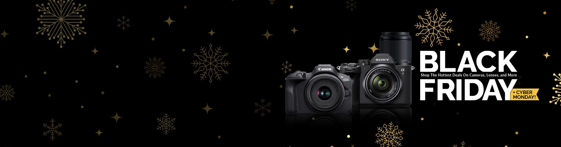 Two cameras on a black background with snowflakes and 'Black Friday' text.