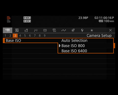 Dual Base ISO<br><br>The camera’s full-frame 7K sensor features dual base ISO, allowing stunning imagery across a wide range of lighting conditions. With Canon Log 2 base ISOs of 800 and 6400, and an Auto Selection mode that switches between them automatically, you can maintain maximum dynamic range in nearly any scenario.