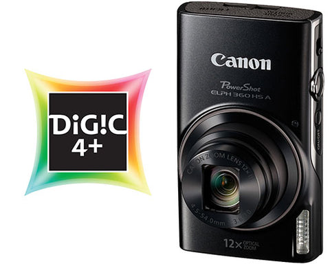 The Canon DIGIC 4+ processor powers the PowerShot ELPH 360 HS, enabling features like Hybrid Auto, Creative Shot, and full HD video recording. It delivers fast, responsive performance while improving image quality with reduced noise for bright colors, smooth transitions, and clear details in low light. Built-in electronic Dynamic IS also helps prevent blur from camera movement, keeping your shots sharp and steady.