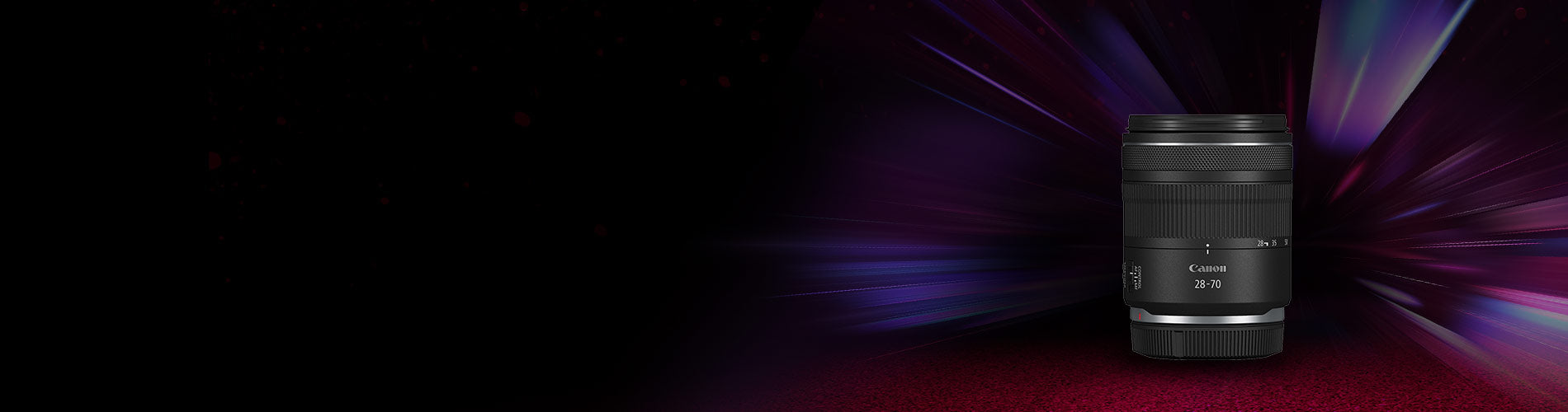 Camera lens on a dark background with colorful light effects