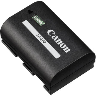 A black Canon LP-E6P rechargeable battery for cameras.