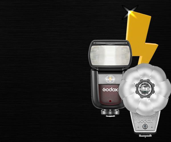 Godox Camera Flashes with Lighting bolt graphic in the background